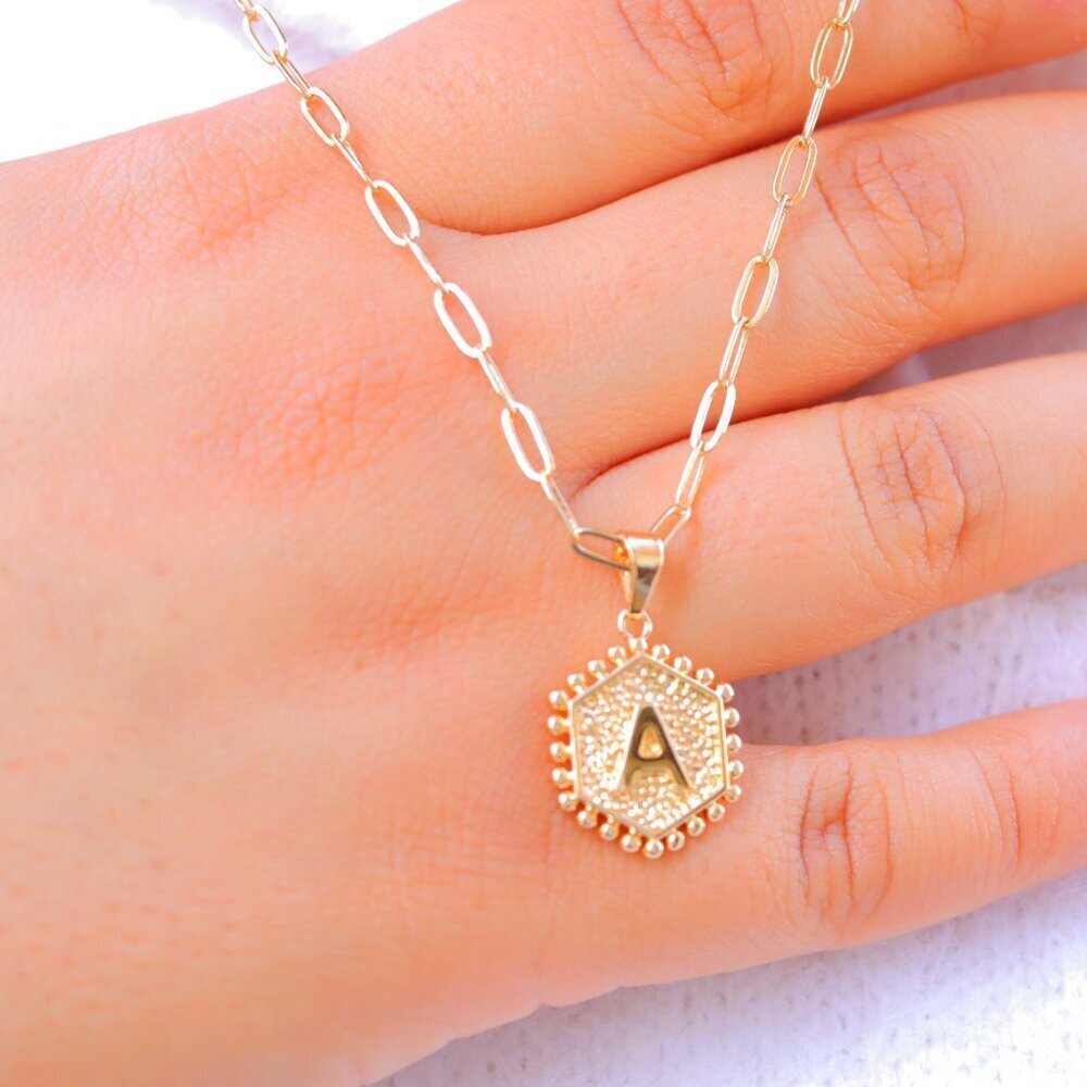 😍2 LAYER GOLD LETTER INITIAL COIN HEXAGONAL PENDANT  DAINTY NECKLACE, ELDM22335